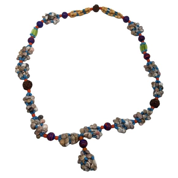 Vintage Mini Snail Shell Bead Nut Necklace Lei Luau 34" Blue Purple Orange White - Picture 2 of 8